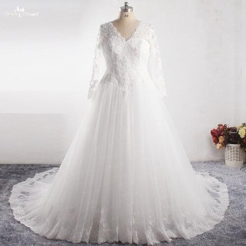 LZ343 Luxury Wedding Dress Long Sleeve V-neck Heavy Bead Crystal Pearls Bridal Dress Vestido De Noiva Plus Size