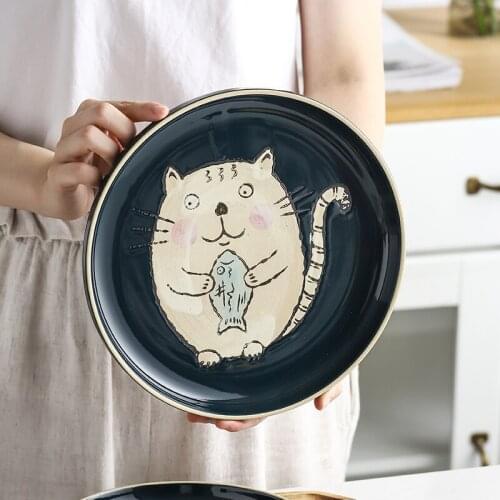 Japanese underglaze color hand painted cartoon round ceramic steak dish flat plate breakfast dessert salad sushi set tableware