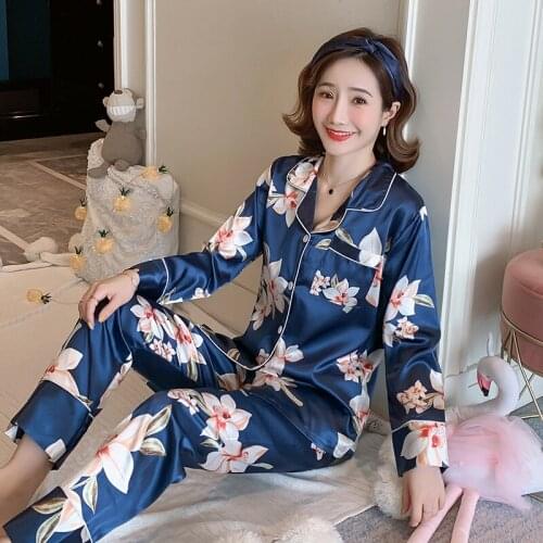 Women Sleepwear Set Autumn Pajamas Set Fake Silk Print Sweet Women Pijama Set Girl Nightgown Waist Long Pant Silk Pajamas Sets
