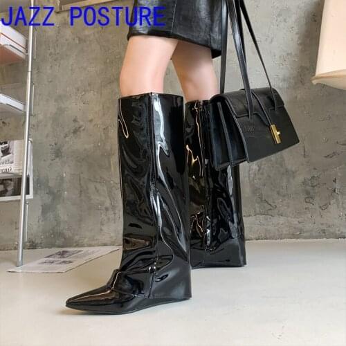 Winter 2021 womens knee-length high boots luxury brand designer patent leather padded warm wedge zipper pointed high heels w249