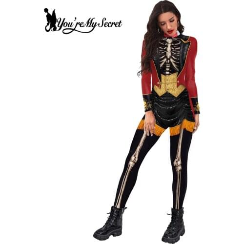 [You're My Secret]Skeleton Printed Bodysuits Women Plus Size Long Sleeve Halloween Costume Cosplay Performance Party Jumpsuit