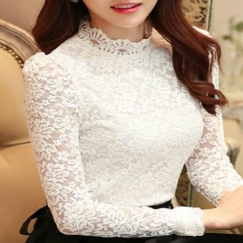 2020 Spring Lace Shirts Women Fashion Long Sleeve Floral Slim Office Lady Casual Blouse Shirts Solid White Blusas Plus Size