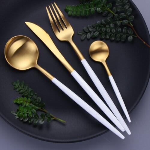 White Gold Utensils Stainless Steel Cutlery Set Kitchen Dinnerware Dessert Spoon Fork Knife Set Golden Flatware Set Dropshopping