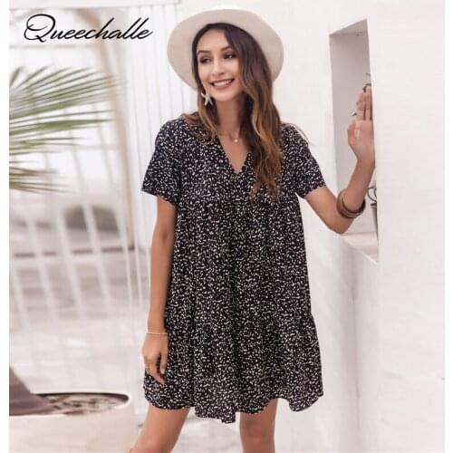 Black Polka Dot Print Dress Women Short Sleeve Summer Beach Dresses Casual V Neck Ruffle Short Mini Dress 2021 Vestido de festa