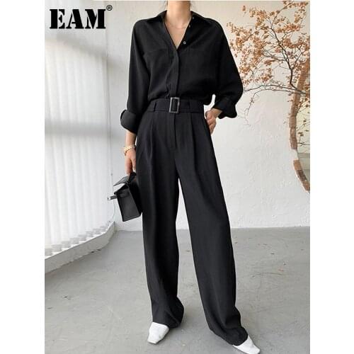 [EAM] Loose Fit Women Black Wide Leg Jumpsuit New High Waist Pocket Stitch Pants Fashion Tide Spring Autumn 2021 1DD5639