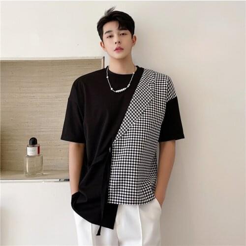 Summer wear ins personalized lattice stitching design Korean mens loose short sleeve T-shirt hairstylist youth trendy mens T-s