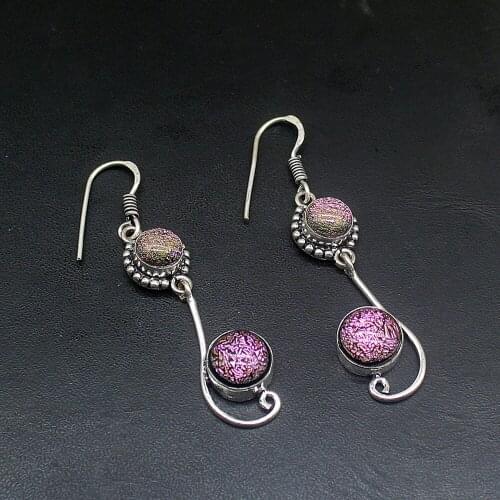 Hermosa Gallant Round Shape Dichroic Glass Silver Color Jewelry Gifts Dangle Drop Earrings for Women Girls 2 Inch FQ208