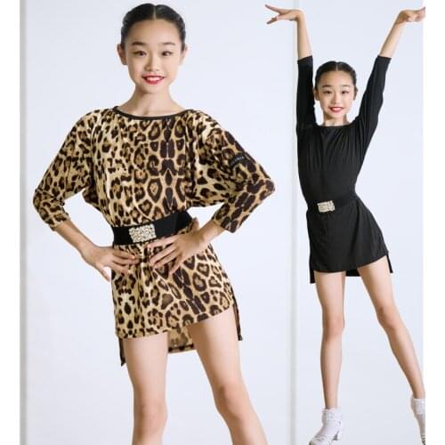 Girls Latin Dance Costume Leopard Latina Practice Dress Half Sleeves Dance Wear Ballroom Rumba Salsa Practice Clothes JL1035