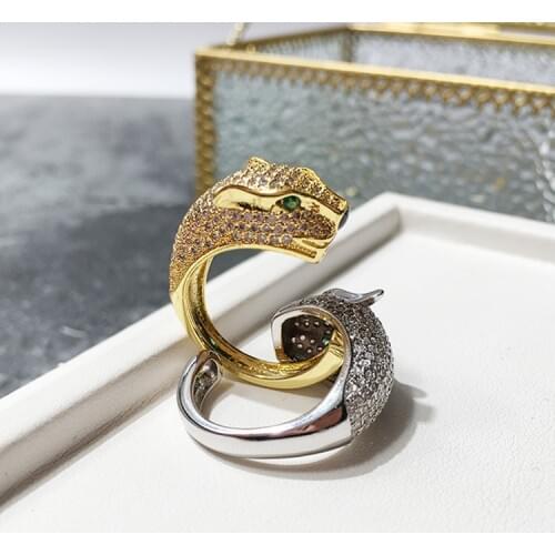 Fashion Leopard Cuff Animal Finger Ring Paved AAA Zircon Green Eyes Panther Design Ring for Women Wedding Party Jewelry