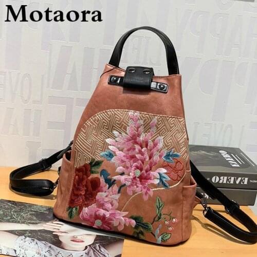 MOTAORA Womens Bag Vintage Leather Backpack For Women 2021 New Chinese Style Handmade Embroidery Women Backpacks Casual Handbag