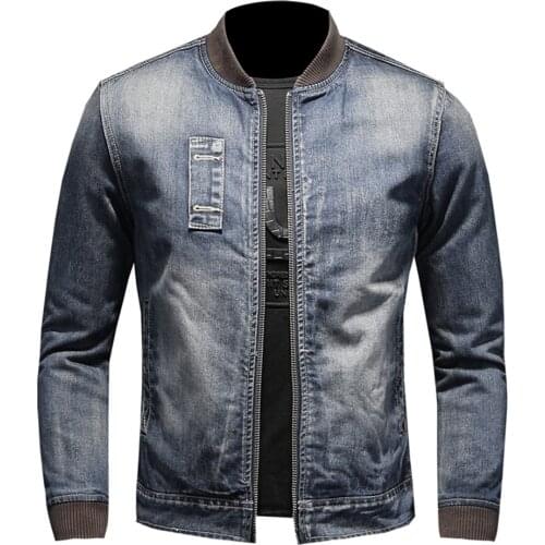 2020 Winter New Style Casual Men Pure Color Round Collar Zipper Slim Retro Velvet and Thick Long Sleeve Men Denim Jacket
