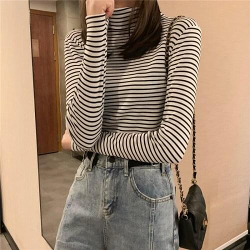 Spring Autumn 2021 New Black Striped Long Sleeve Casual o-Neck t Shirt Women Korean Fashion Tees Slim All-Match Elasticity Top