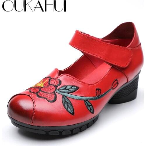 OUKAHUI Chinese Style Autumn Embroider Genuine Leather Pumps Women Shoes High Heel 5cm Spring Vintage Elegant Shoes Ladies 2018