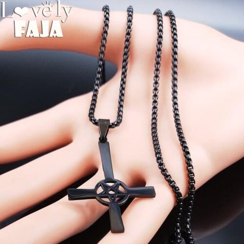 Inverted Cross Occult Pentagram Stainless Steel Chain Necklace for Women Men Black Color Satanic Gothic Satan Necklace Jewelry