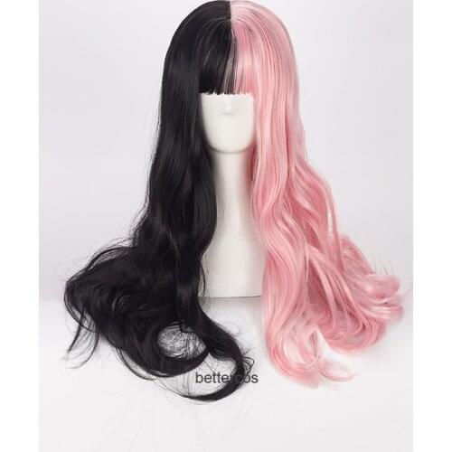 Girl Lolita Cosplay Wig 60CM Long Wavy Black Mixed Pink Ombre Bangs Cute Heat Resistant Synthetic Hair Wig + Wig Cap