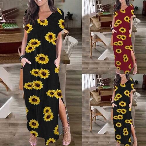 Sunflower Print Dresses For Women Summer Beach Pullover Maxi Long Dress Boho Open Fork Sundress Ladies Loose Slip Robes Femme