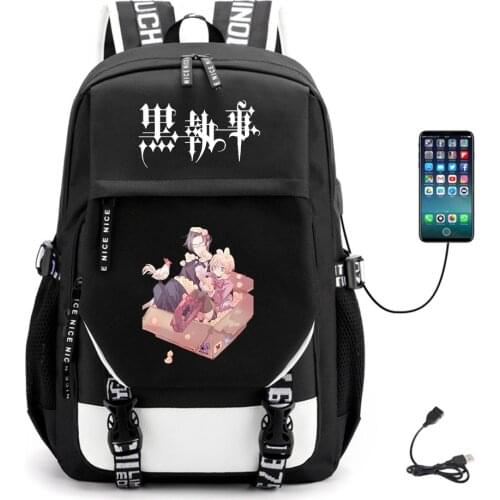 Anime Black Butler USB Backpack Fabric Unisex Packsack Student Teenger Canvas Casual Schoolbag High Quality Laptop Bag