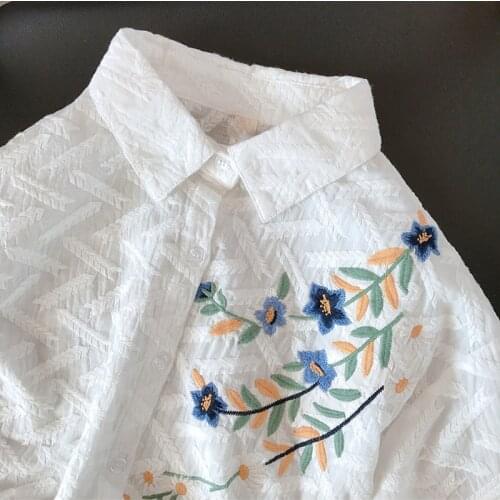 Sweet Style Embroidery Women White Shirts Summer New 2021 Flower Loose Elegant Female Outwear Coats Tops