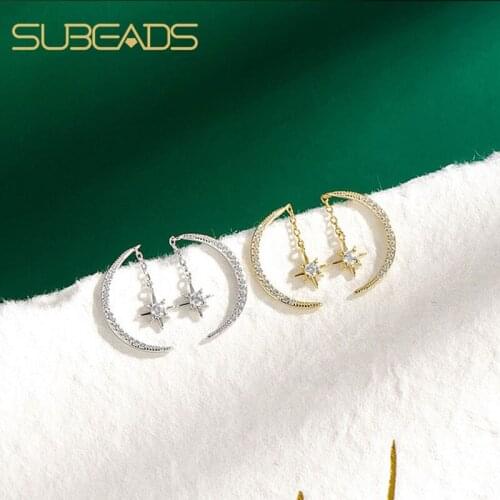 Subeads Real 925 Sterling Silver Star Moon Stud Earrings For Women Crystal Rhinestone Shine Earrings Ear Stud Jewelry Gifts
