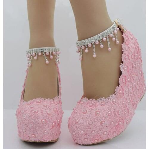 2019 Beautiful Lace Flower Bride Shoes Buckle Straps Wedding Party Shoes 4 Inches Wedge Heel Bridesmaid Shoes Size 10