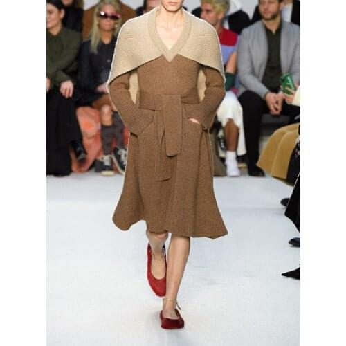 V-neck 10.21 Long Fashion Sleeve Contrast Color Patchwork Shawl Women With Belt Comfortable Knitted Midi Dress 2021 New