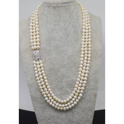 WOW! 3rows freshwater pearl white near round 7-8mm necklace 19-21inch nature wholesale