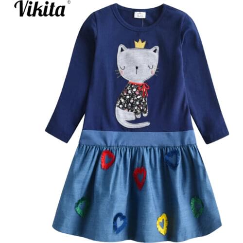 VIKITA Girls Cotton Dress Kids Cartton Appliqued Vestidos Children Casual Wear Clothes Girls Long Sleeve Patchwork Dresses
