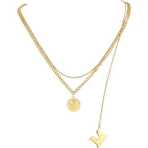 Stainless Steel Vintage Gold Portrait Christ Pendant Necklace with Letter M Initials Jewelry Necklaces Gift For Him