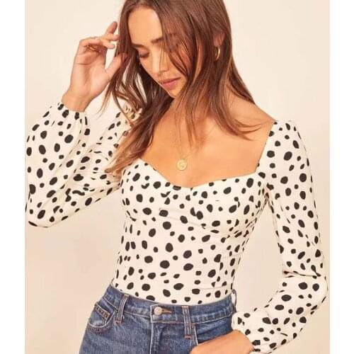 Women Square Neck Polka Dot Print Backless Low Collar Chiffon Puff Sleeve White Shirts Long Sleeve Elegant Tops Slim Fit Blouse
