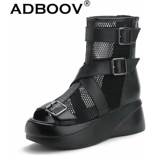 ADBOOV Peep Toe Platform Wedge Sandals Women Hollow Summer Ankle Boots Women Buckle Leather Sandal Shoes Female Black