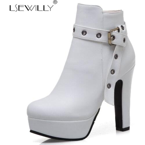 Lsewilly Women Ladies Size 34-50 Platform Chunky High Heel Buckled Strap Zipper Black White Autumn Fall Winter Ankle Boots K104