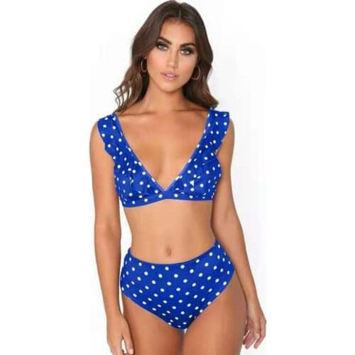 2021 New Ladies Ruffled Deep V Split High Waist Polka Dot Printing Sexy Swimsuit Bikini Beach Swimsuit Fashion Swimsuit