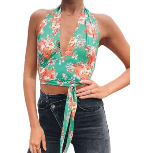 Women Vintage Sexy Floral Print Halter Tank Top Ladies Sleeveless Backless Bandage Crop Top Holiday Summer Casual Camisole Tops