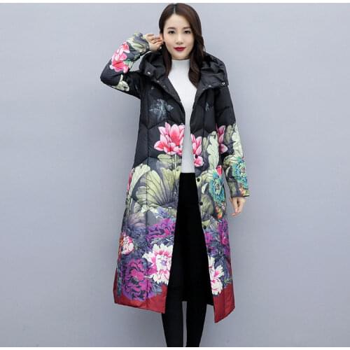 Women 2020 Winter White Duck Down Print Coats Female Female Long Thicken Warm Hooded Down Parkas Ladies Zipper Overcoats X117