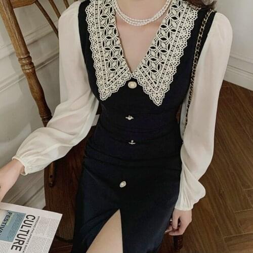 French Vintage Black Midi Dress Women Casual Long Sleeve Elegant Dress Evening Party Y2k One Piece Dress Korean 2021 Autumn Chic