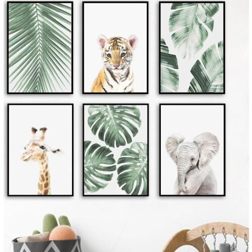Giraffe Tiger Elephant Monstera Palm Leaf Tropical Nursery Wall Art Print Canvas Painting Nordic Poster Decor Pictures Kids Room