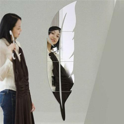 1PC Feather Shape Mirror Wall Stickers Bedroom Home Decoration Plastic Self Adhesive Film Accessories 3D Wall Sticker