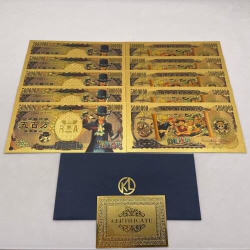 15 Designs Yen Card One Piece Sabo Luffy Zoro 5000000 Yen Gold plastic Banknote for Classic Childhood Memory Collection