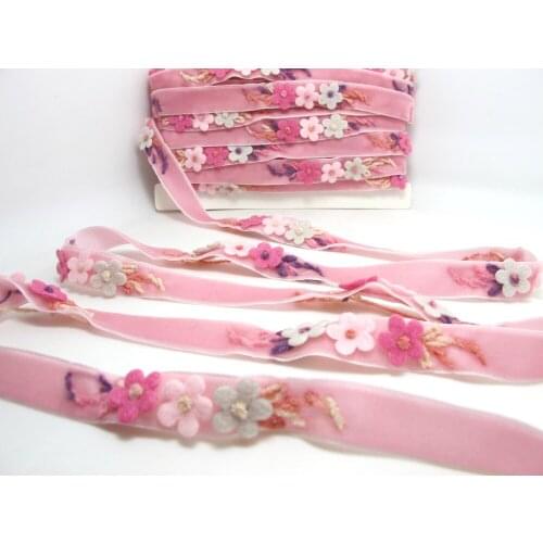 5/8 Inch Felt Flower with Yarn Embroidery on Pink Velvet Ribbon|Sewing|Quilting|Craft Supplies|Hair Accessories Necklace