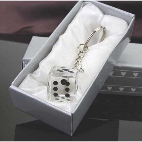 50pcs Las Vegas Themed Chrome Keychain with Crystal Dice In Gift Box Wedding Favors