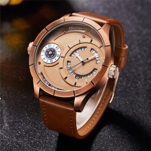 2020 New Men Watches Top Brand Oulm Men Waches Rose Gold Calendar Quartz Watch Male Two Time Zone Big Watches Men