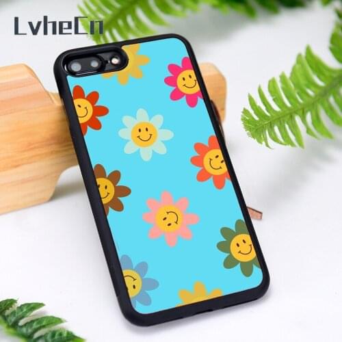 LvheCn Silicone Rubber Phone Case Cover for iPhone 6 6S 7 8 Plus X XS XR 11 12 Mini Pro Max SMILEY FLOWER SKY BLUE
