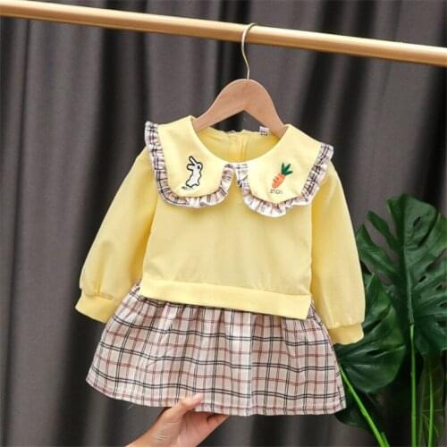 New Kids Dresses for Girls Fashion Children Long Sleeve Autumn Animal Print Ruffle Plaid Splicing Lovely Tutu Dress Baby Outfits