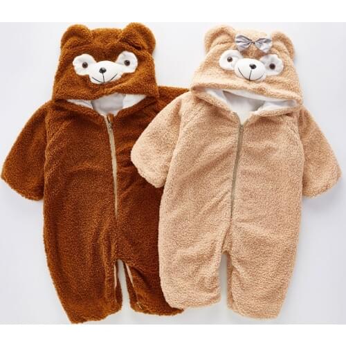 Baby Girl Clothes Cute Plush Bear Baby Romper Autumn And Winter Comfortable Warm Kids Clothes 0-5 Year Hooded Zipper Boys Romper