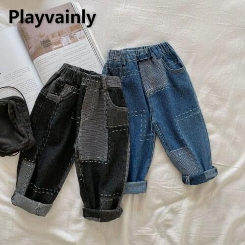 2021 Hot Sale New Autumn Kids Boys Girls Pants Dark Blue Grey Patchwork Elastic Waist Denim Haren Trousers Children Clothes E348