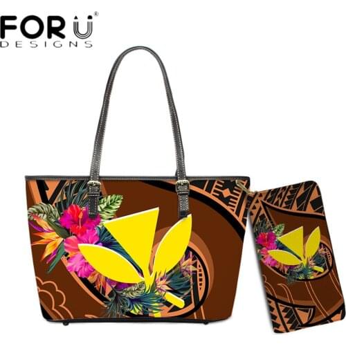 FORUDESIGNS Hawaiian Hibiscus Flower Polynesian 3D Print Women Large Capacity PU Leather Handbag And Purse Set Sac A Main