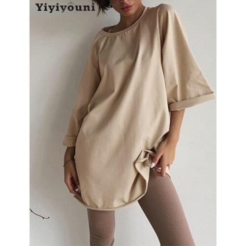 Yiyiyouni Casual Solid Oversized T-shirt Women Short Sleeve Cotton Summer Loose Tee Shirt Women O-Neck White Basic Tops Female