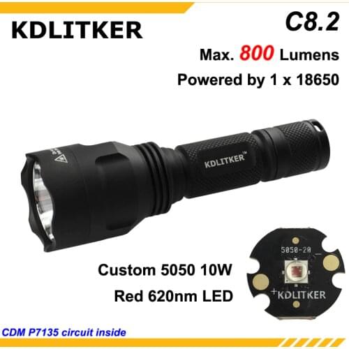 KDLITKER C8.2-Color Red 620nm 800 Lumens Camping Hunting LED Flashlight - Black ( 1x18650 )