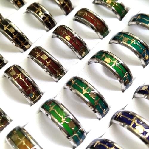 20pcs ECG Mood Rings 8MM Men Women Electrocardiogram Color Changes Stainless Steel Wedding Rings Comfortable Quality Jewelry