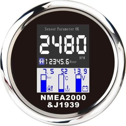 NMEA 2000 85mm 4 in 1 Multi-Functional Meter Digital Tachometer Water Temp Oil Pressure Gauge Voltmeter with Alarm